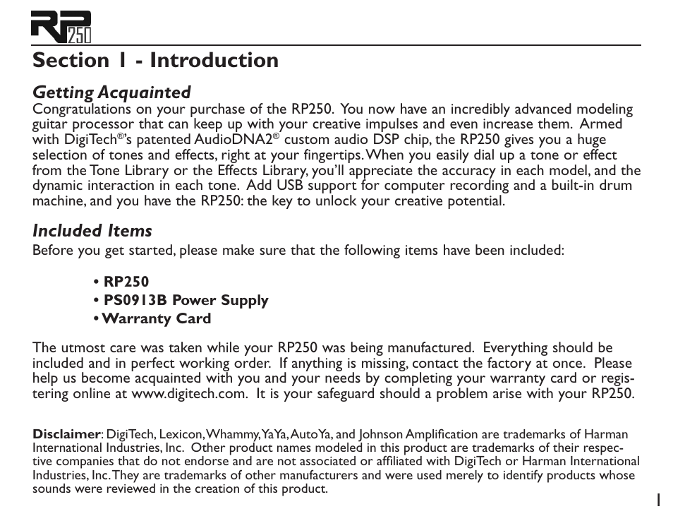 Getting acquainted, Included items | DigiTech RP250 User Manual | Page 7 / 56