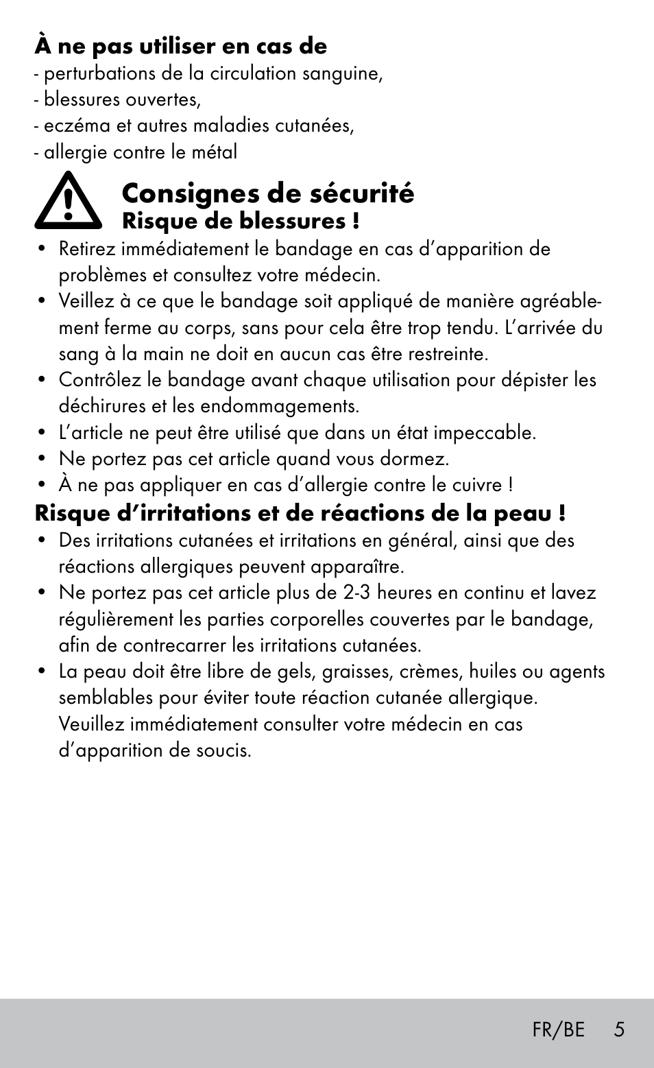 Consignes de sécurité | Sensiplast Elbow support bandage User Manual | Page 5 / 16