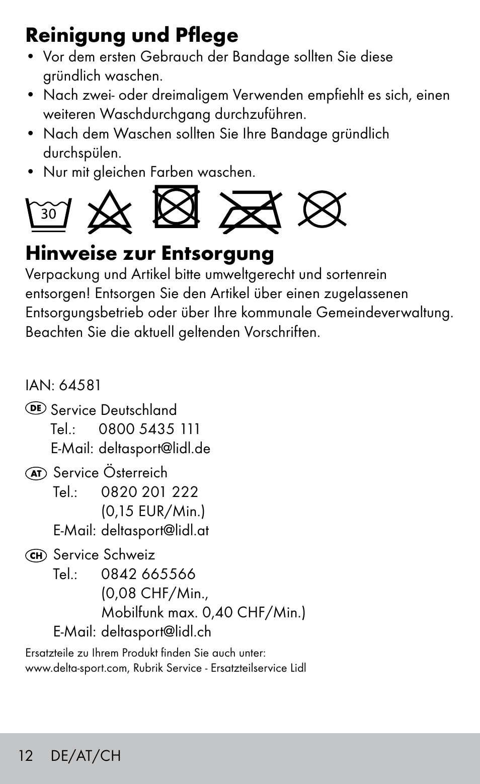 Reinigung und pflege, Hinweise zur entsorgung | Sensiplast Ankle Support Bandage User Manual | Page 12 / 16