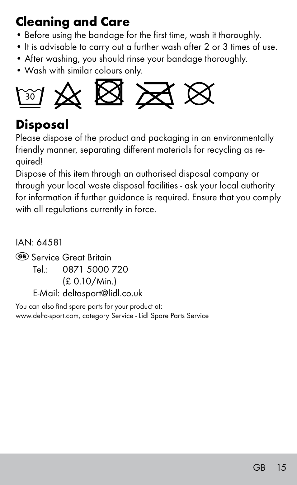 Cleaning and care, Disposal | Sensiplast Ankle Support Bandage User Manual | Page 15 / 16