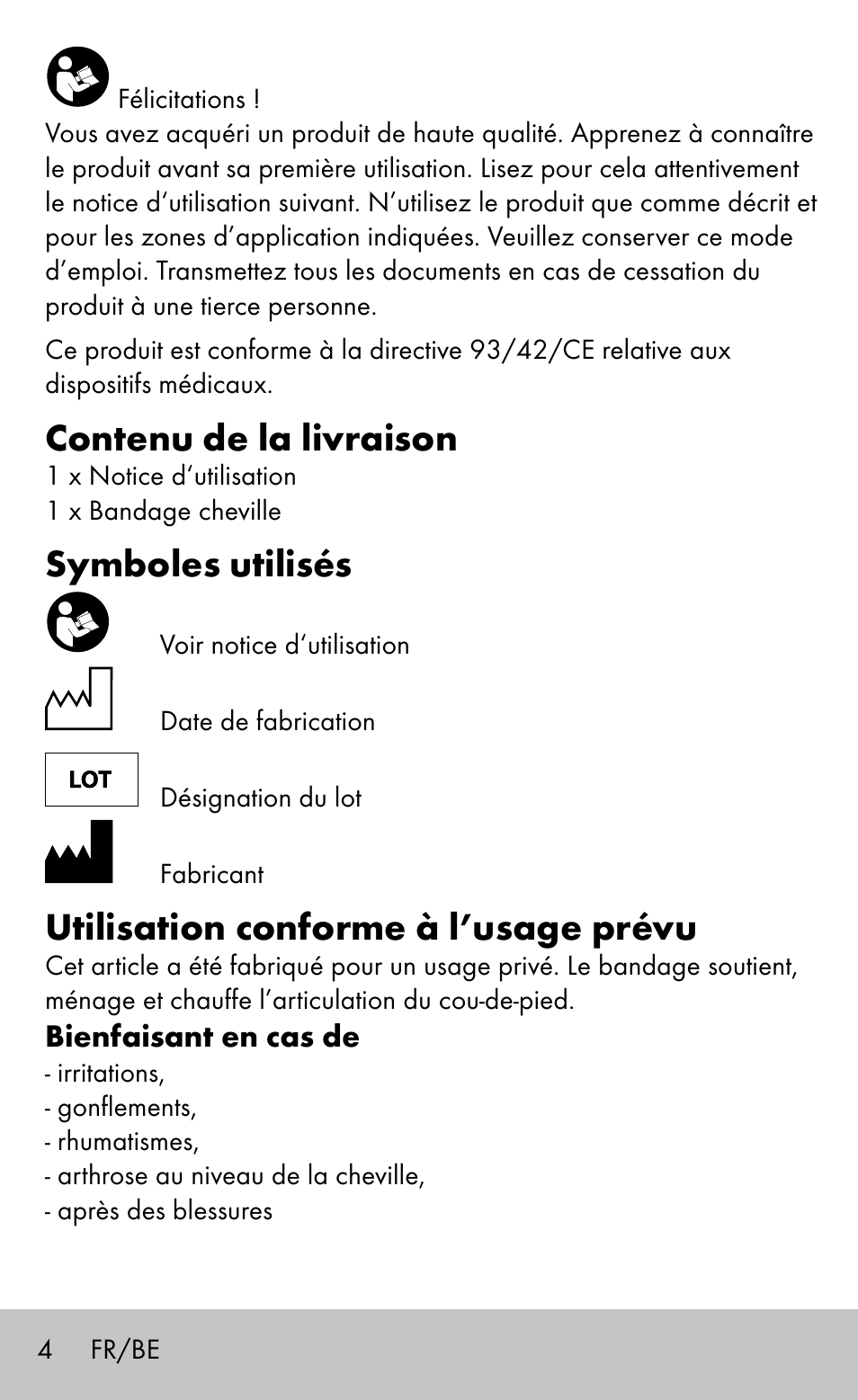 Contenu de la livraison, Symboles utilisés, Utilisation conforme à l’usage prévu | Sensiplast Ankle Support Bandage User Manual | Page 4 / 16