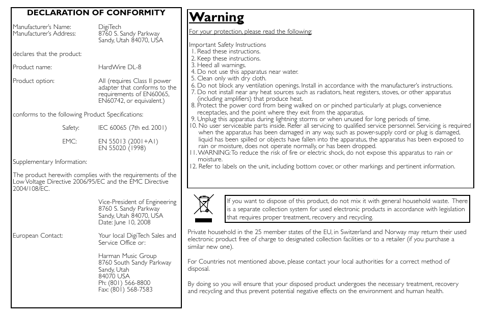 Warning | DigiTech DL-8 User Manual | Page 2 / 28