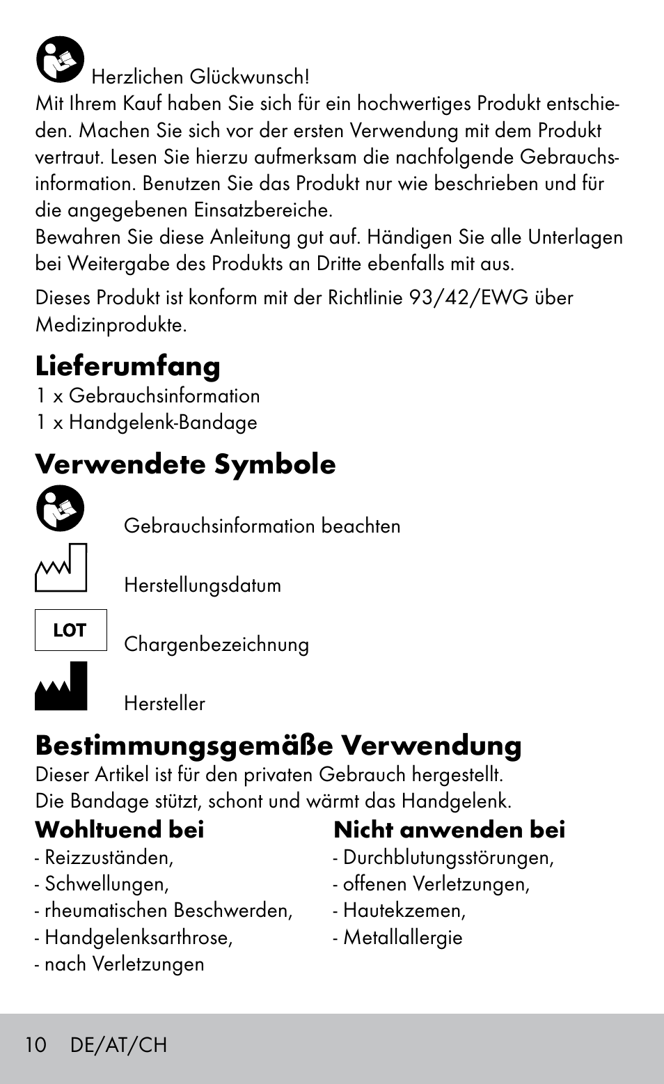 Lieferumfang, Verwendete symbole, Bestimmungsgemäße verwendung | Sensiplast Wrist support bandage User Manual | Page 10 / 16