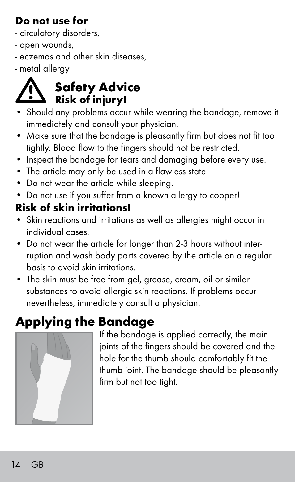 Safety advice, Applying the bandage | Sensiplast Wrist support bandage User Manual | Page 14 / 16