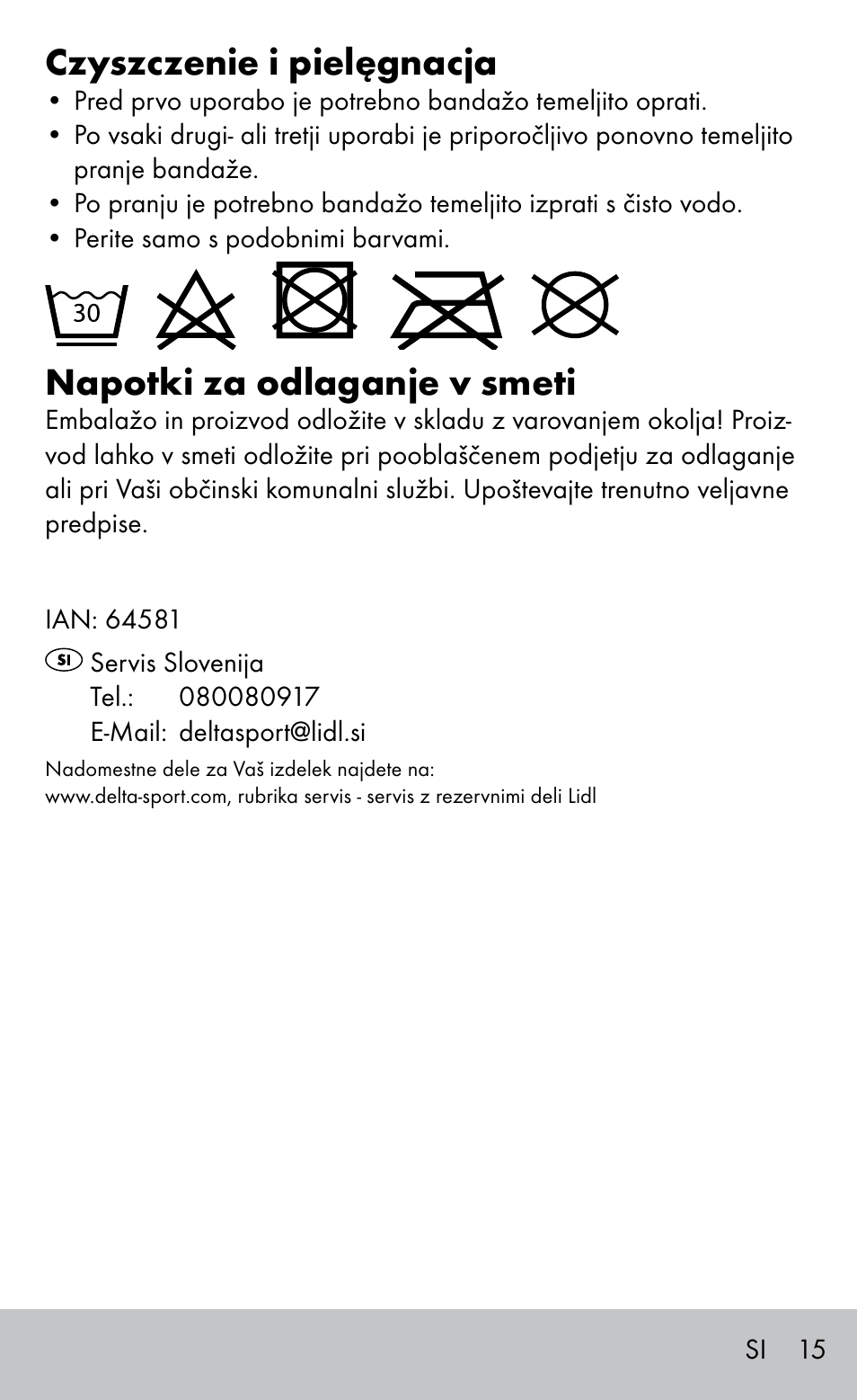 Czyszczenie i pielęgnacja, Napotki za odlaganje v smeti | Sensiplast Elbow support bandage User Manual | Page 15 / 28