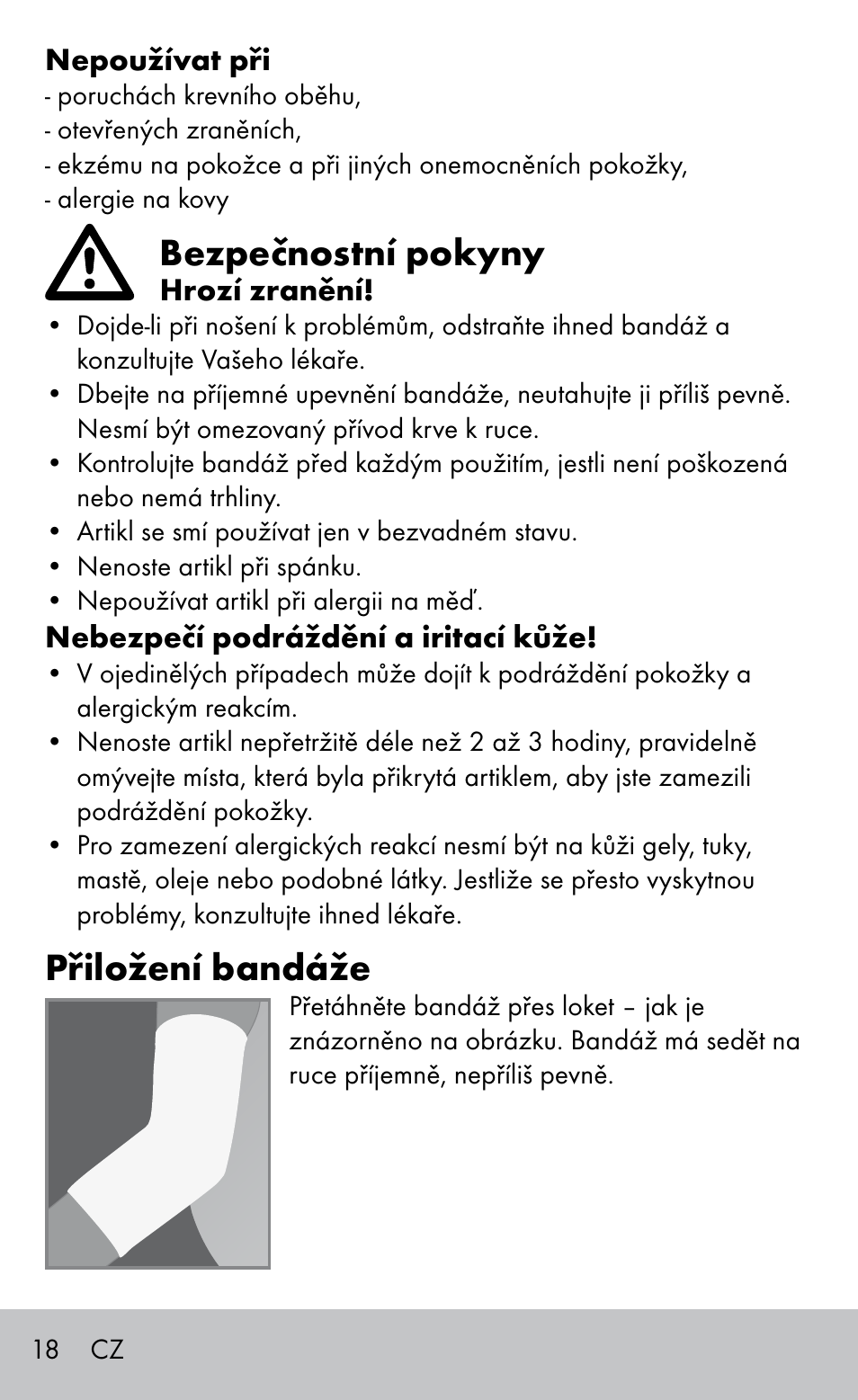 Bezpečnostní pokyny, Přiložení bandáže | Sensiplast Elbow support bandage User Manual | Page 18 / 28