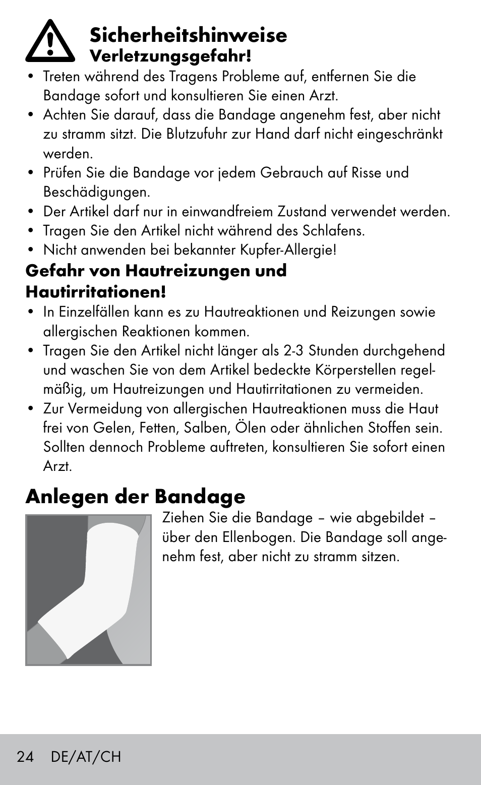 Sicherheitshinweise, Anlegen der bandage | Sensiplast Elbow support bandage User Manual | Page 24 / 28