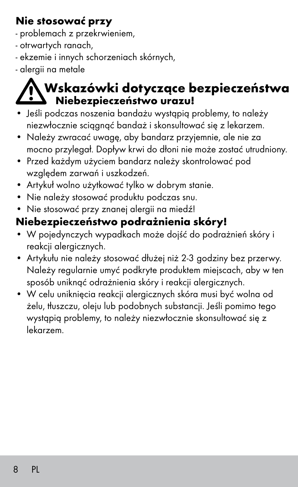 Wskazówki dotyczące bezpieczeństwa | Sensiplast Elbow support bandage User Manual | Page 8 / 28