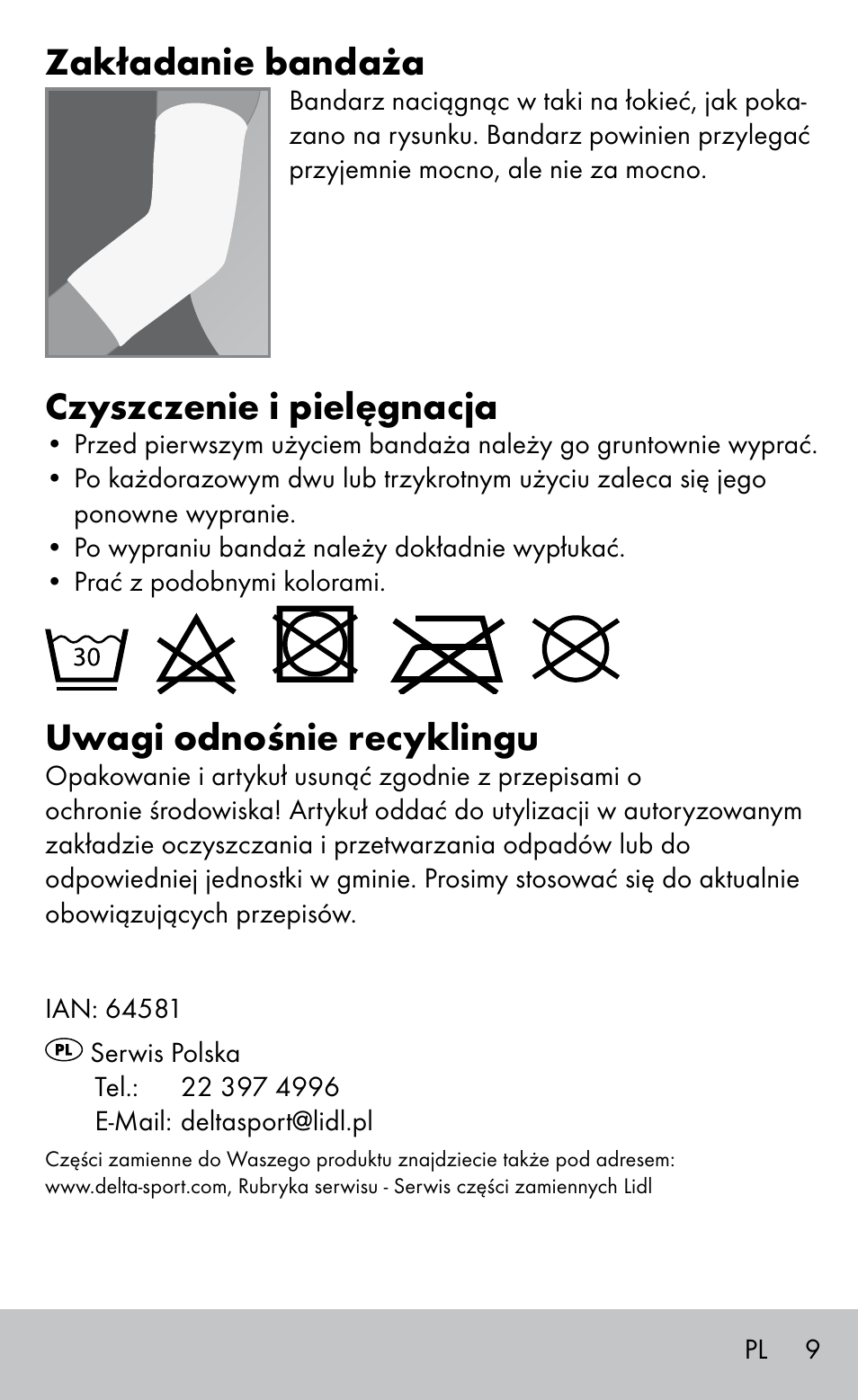 Zakładanie bandaża, Czyszczenie i pielęgnacja, Uwagi odnośnie recyklingu | Sensiplast Elbow support bandage User Manual | Page 9 / 28