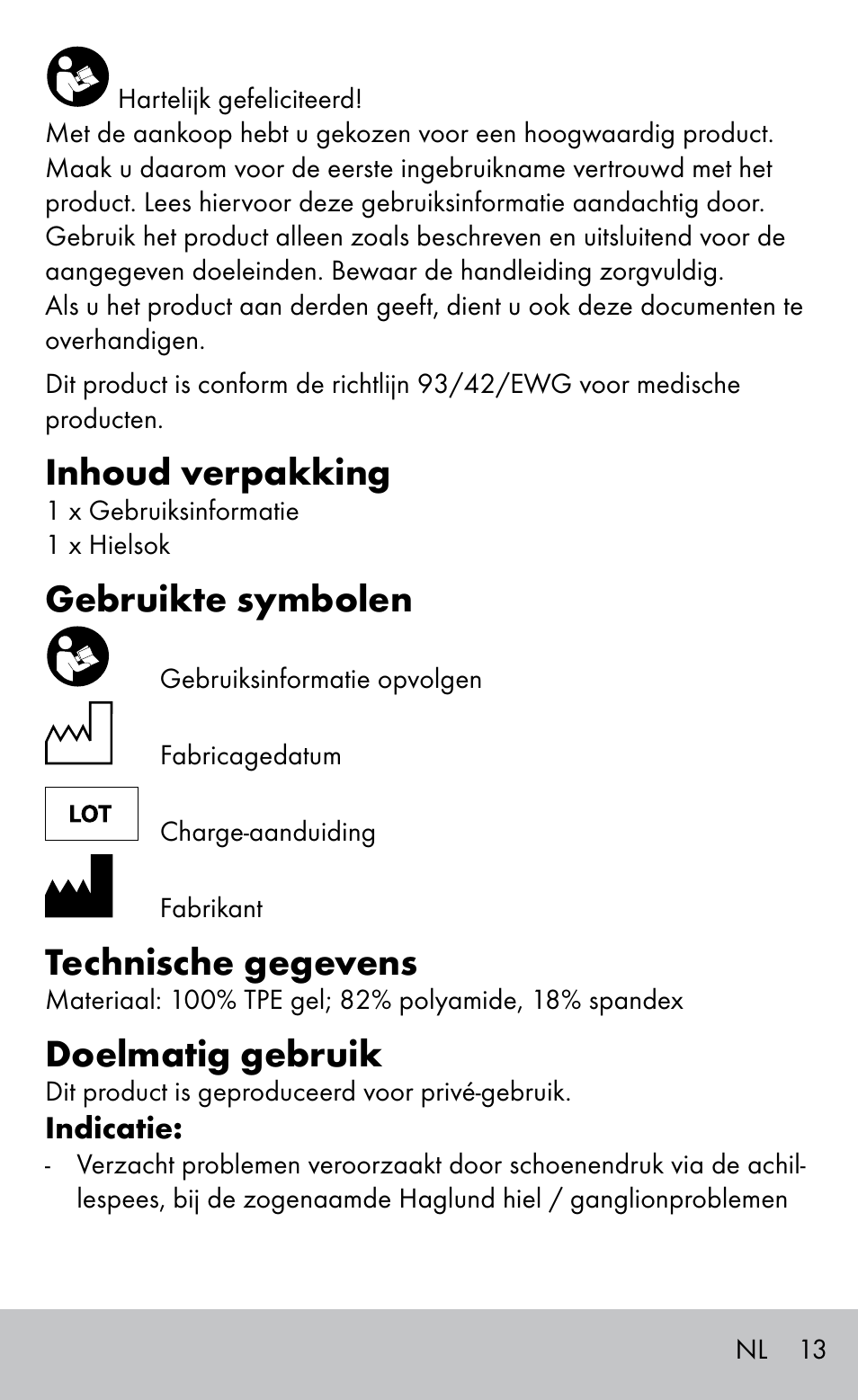 Inhoud verpakking, Gebruikte symbolen, Technische gegevens | Doelmatig gebruik | Sensiplast HEEL SLEEVE User Manual | Page 13 / 20