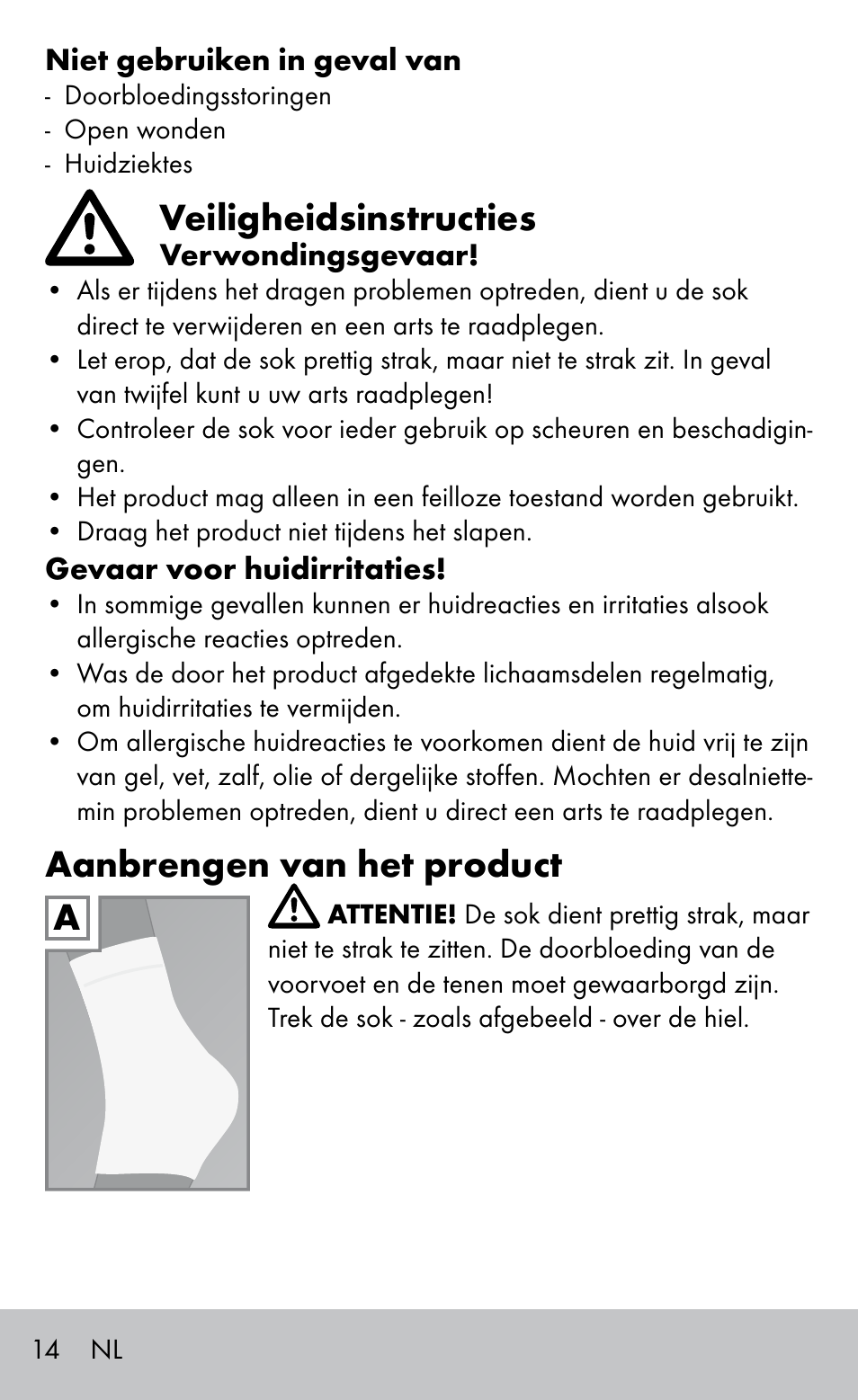 Veiligheidsinstructies, Aanbrengen van het product | Sensiplast HEEL SLEEVE User Manual | Page 14 / 20