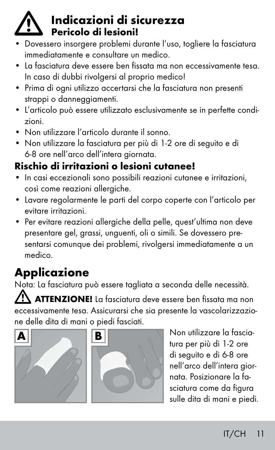 Indicazioni di sicurezza, Applicazione | Sensiplast FINGER & TOE BANDAGES User Manual | Page 11 / 20