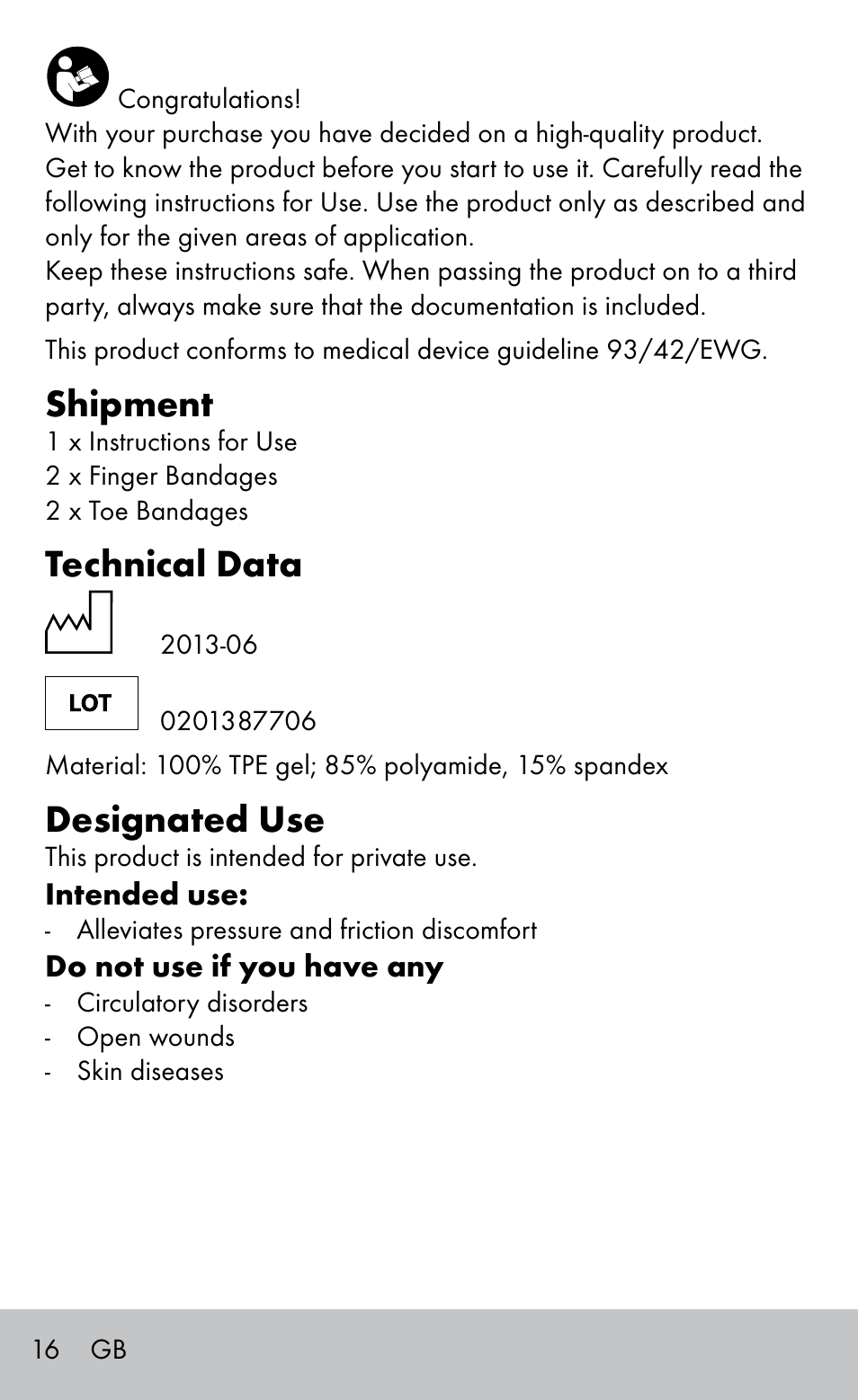 Shipment, Technical data, Designated use | Sensiplast FINGER & TOE BANDAGES User Manual | Page 16 / 20