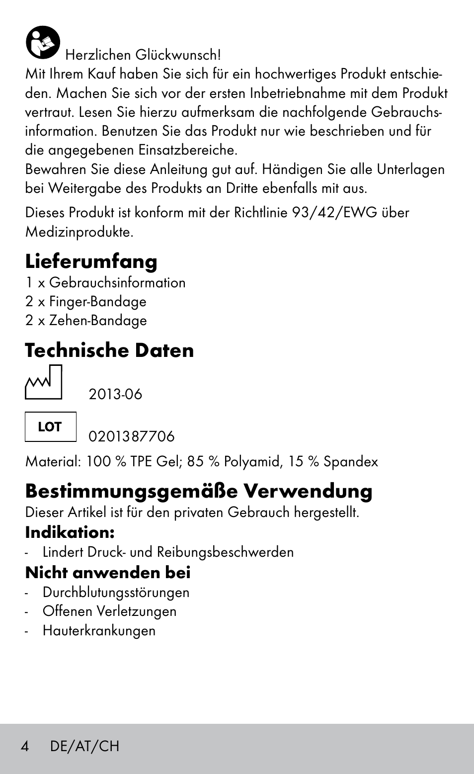 Lieferumfang, Technische daten, Bestimmungsgemäße verwendung | Sensiplast FINGER & TOE BANDAGES User Manual | Page 4 / 20