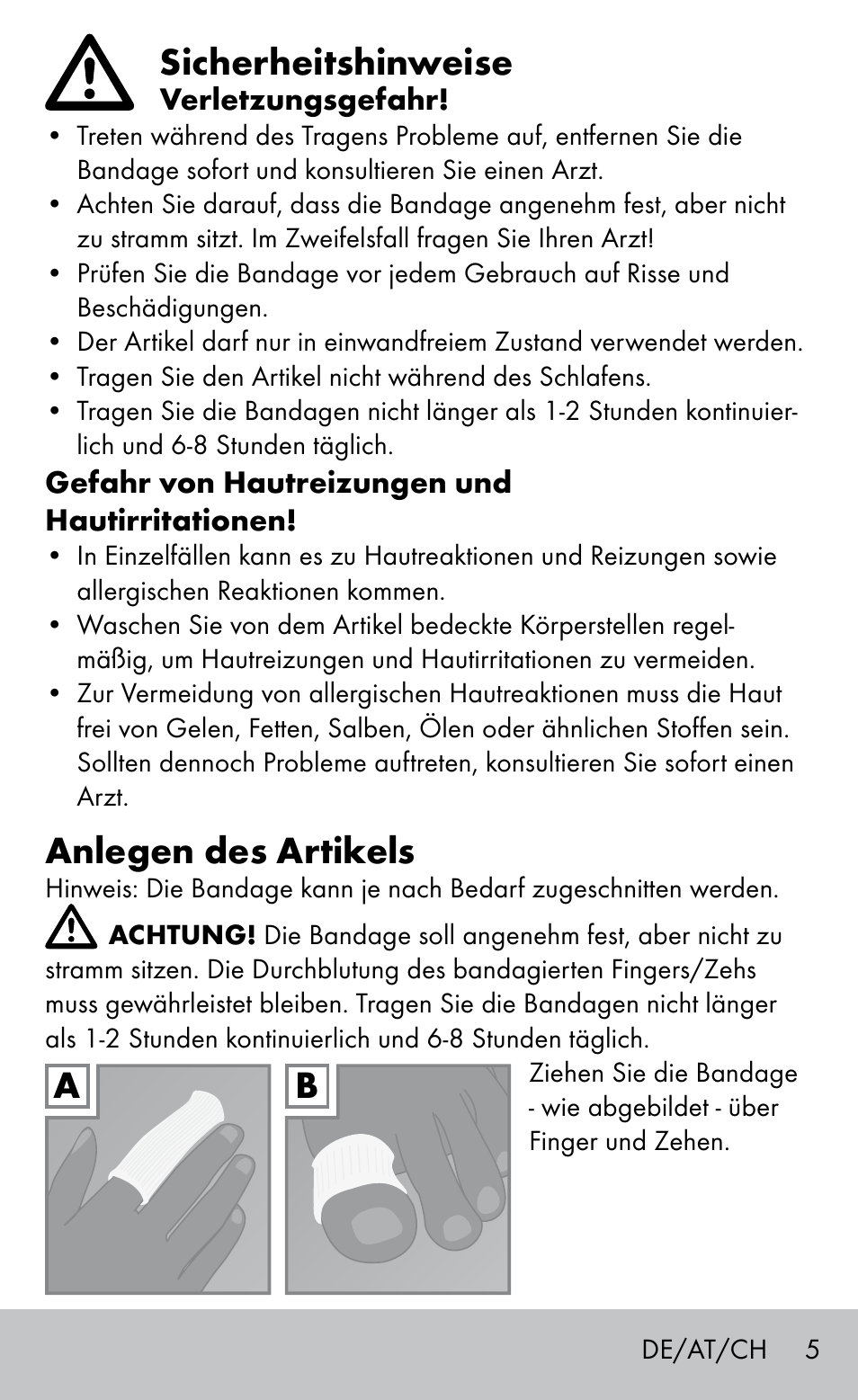 Sicherheitshinweise, Anlegen des artikels | Sensiplast FINGER & TOE BANDAGES User Manual | Page 5 / 20