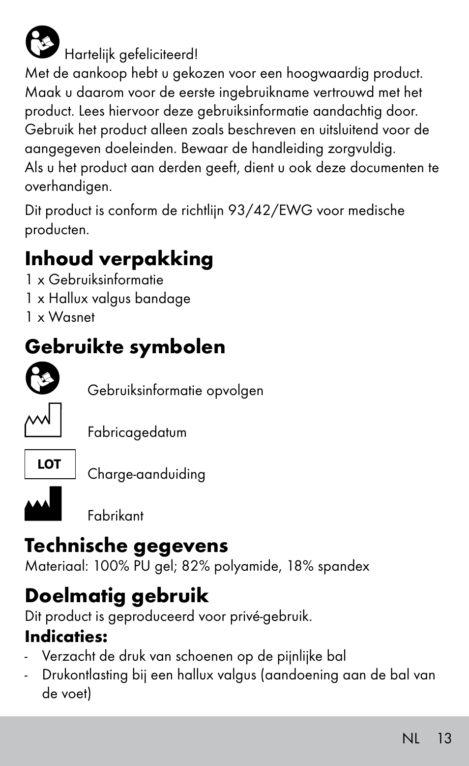 Inhoud verpakking, Gebruikte symbolen, Technische gegevens | Doelmatig gebruik | Sensiplast BUNION BRACE User Manual | Page 13 / 20