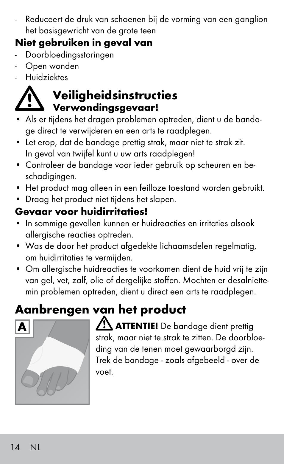 Veiligheidsinstructies, Aanbrengen van het product | Sensiplast BUNION BRACE User Manual | Page 14 / 20