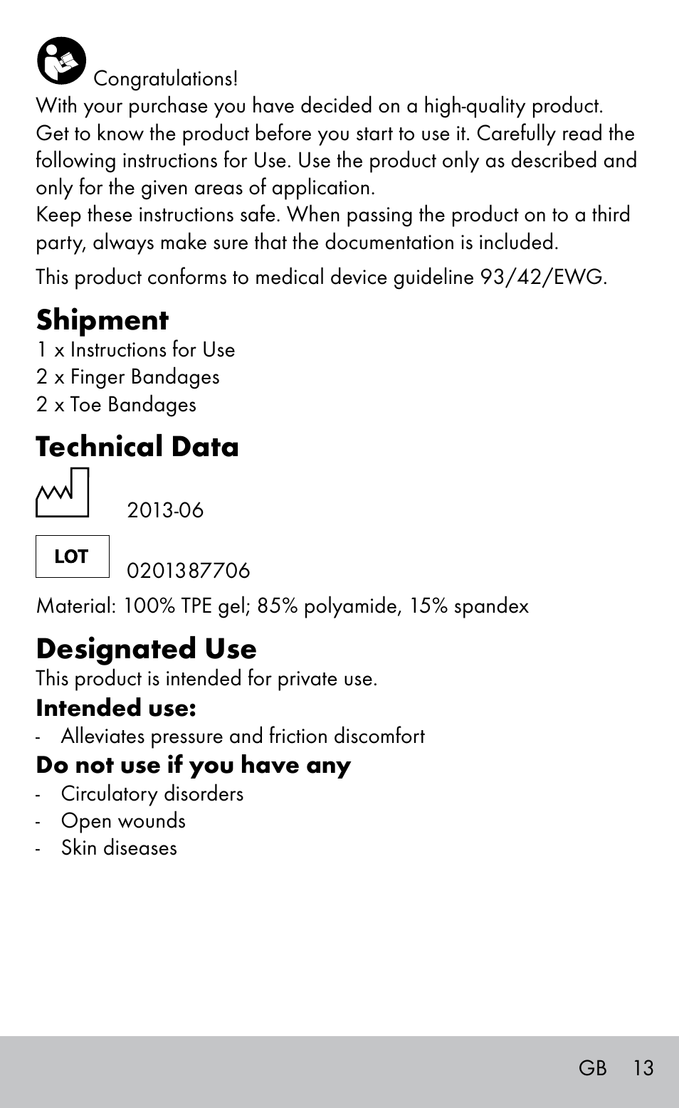 Shipment, Technical data, Designated use | Sensiplast FINGER & TOE BANDAGES User Manual | Page 13 / 16