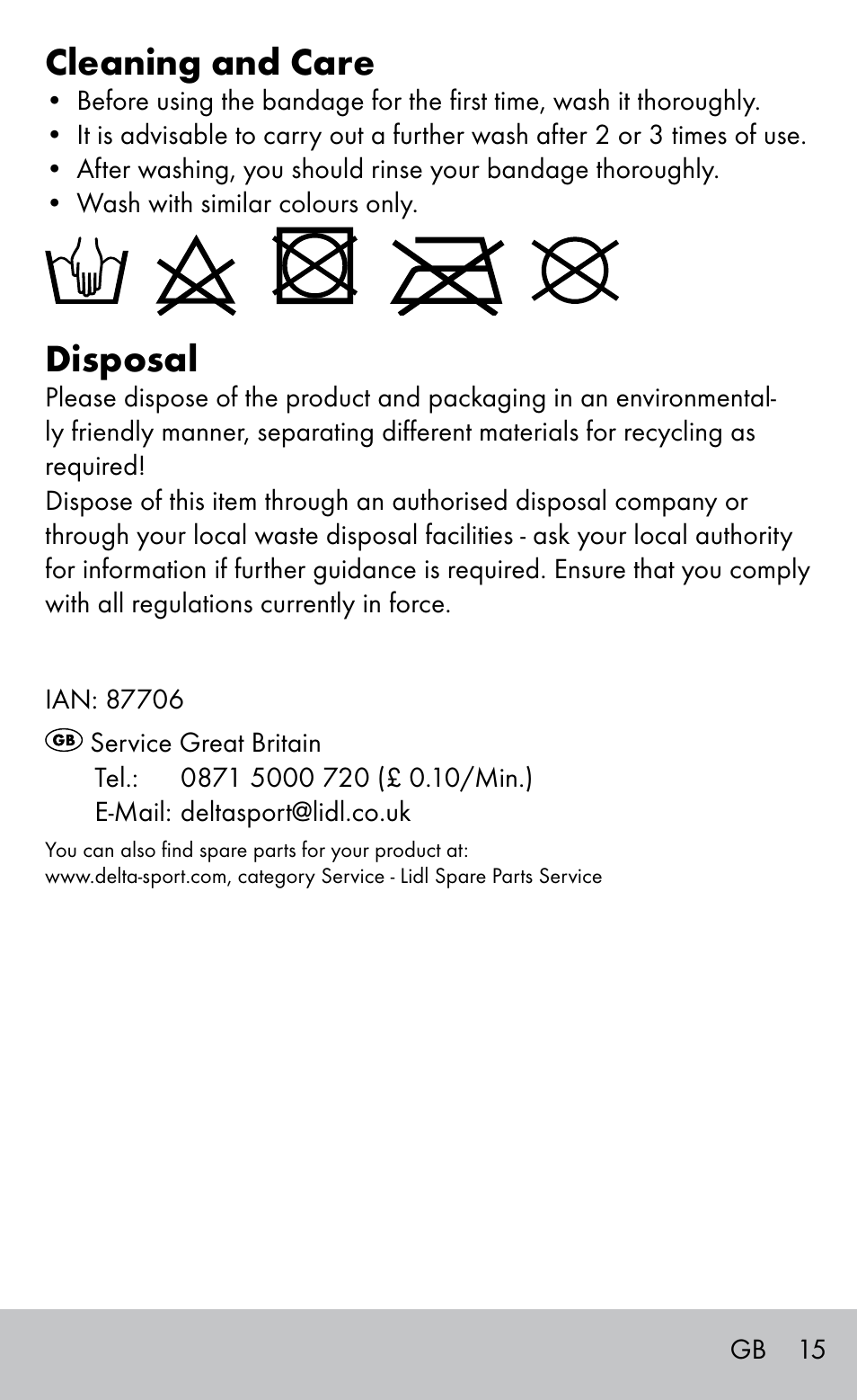 Cleaning and care, Disposal | Sensiplast FINGER & TOE BANDAGES User Manual | Page 15 / 16