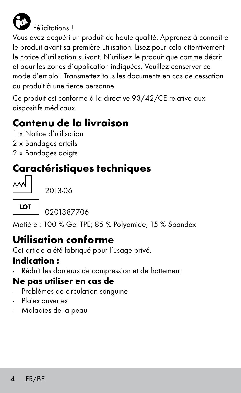 Contenu de la livraison, Caractéristiques techniques, Utilisation conforme | Sensiplast FINGER & TOE BANDAGES User Manual | Page 4 / 16