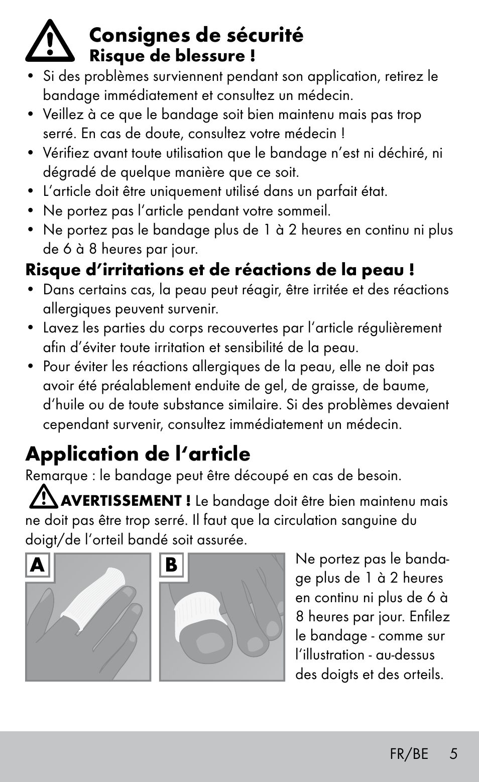 Consignes de sécurité, Application de l‘article | Sensiplast FINGER & TOE BANDAGES User Manual | Page 5 / 16