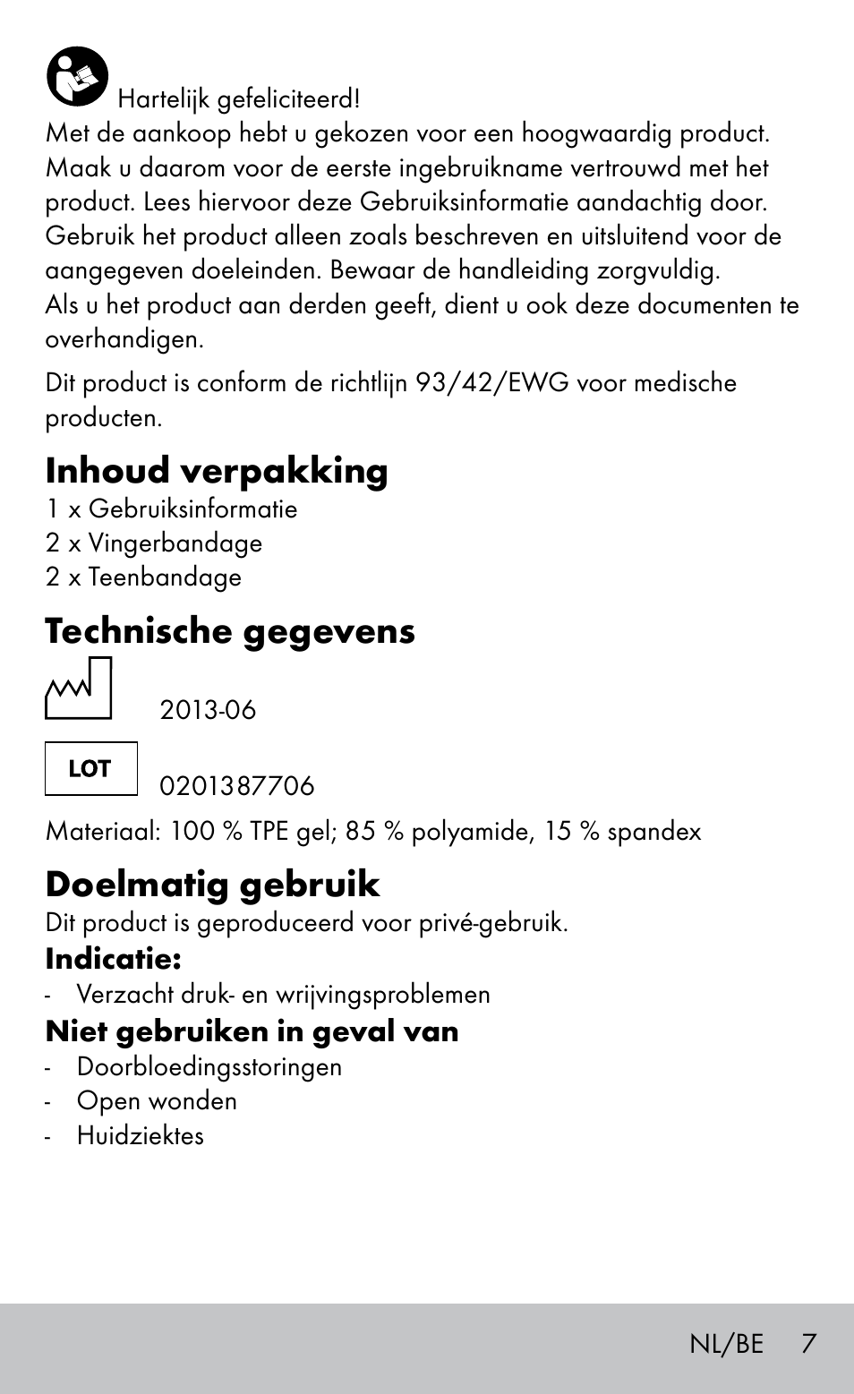 Inhoud verpakking, Technische gegevens, Doelmatig gebruik | Sensiplast FINGER & TOE BANDAGES User Manual | Page 7 / 16