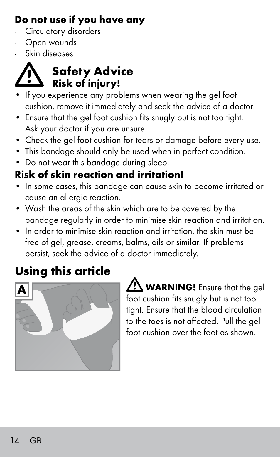 Safety advice, Using this article | Sensiplast GEL FOOT CUSHIONS User Manual | Page 14 / 16