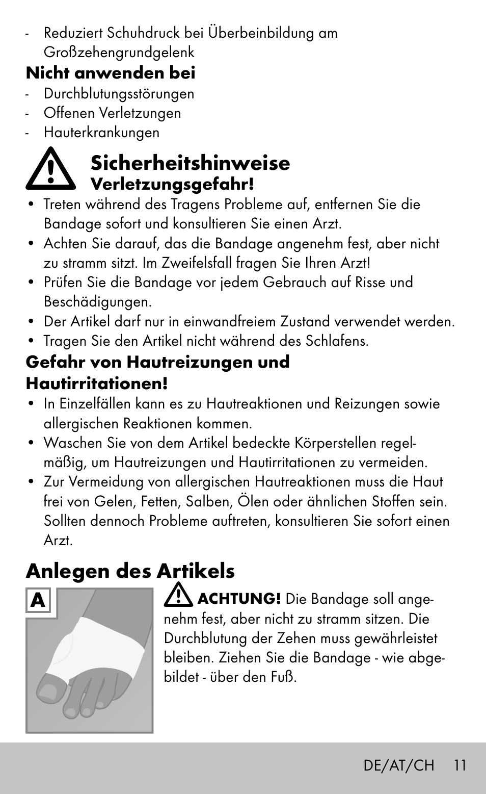 Sicherheitshinweise, Anlegen des artikels | Sensiplast BUNION BRACE User Manual | Page 11 / 16