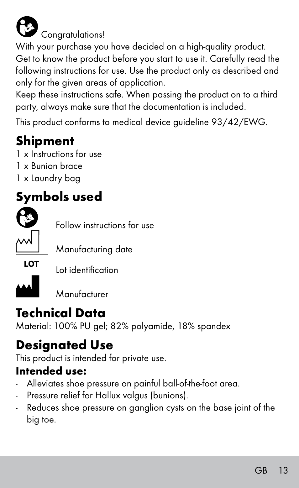 Shipment, Symbols used, Technical data | Designated use | Sensiplast BUNION BRACE User Manual | Page 13 / 16