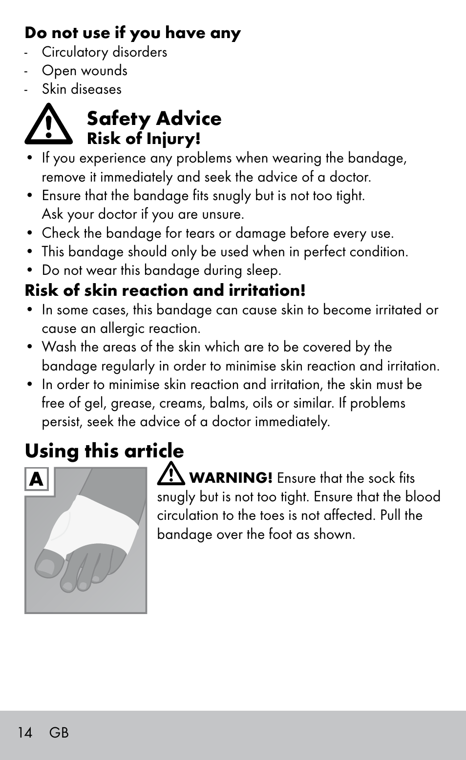 Safety advice, Using this article | Sensiplast BUNION BRACE User Manual | Page 14 / 16