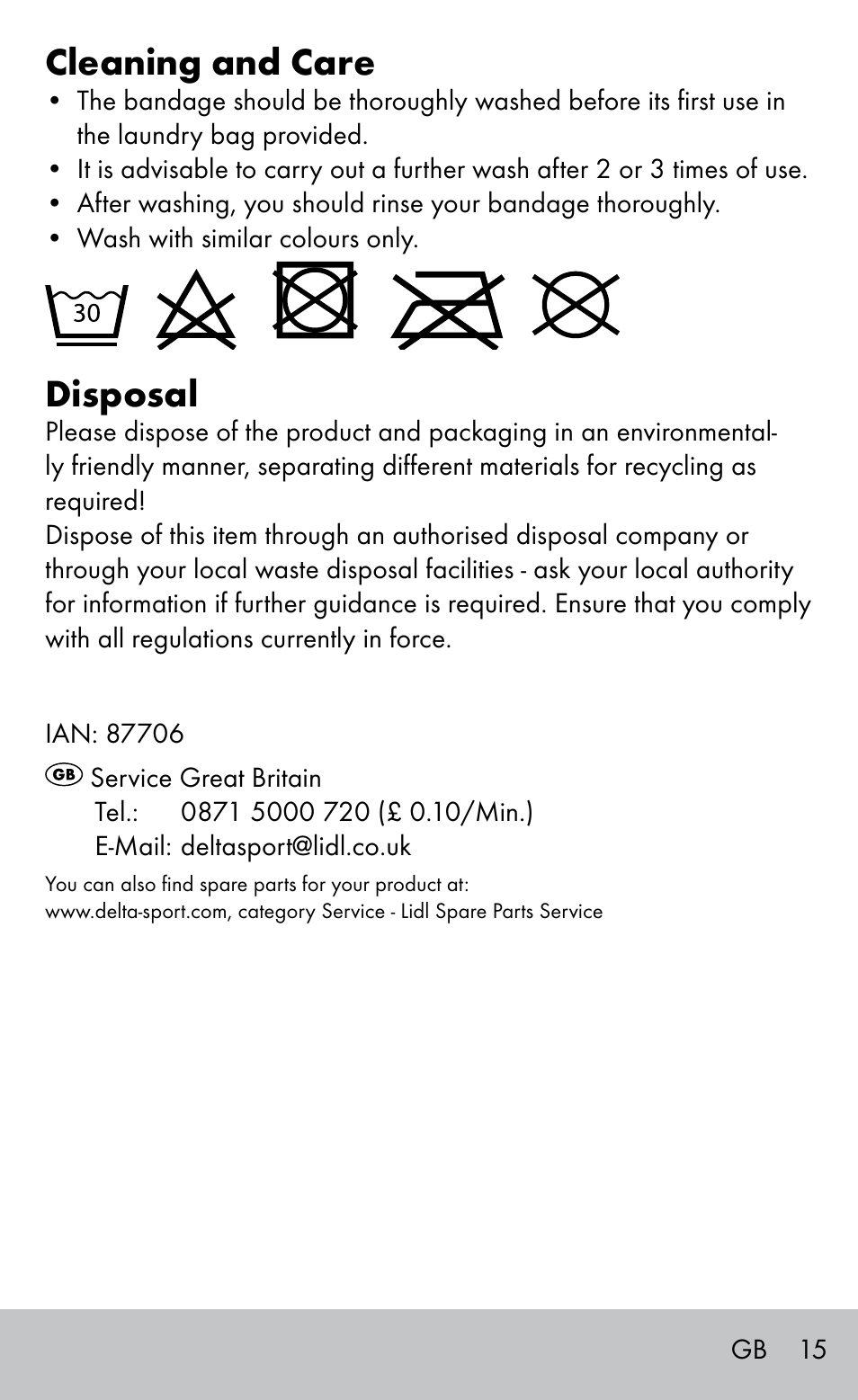 Cleaning and care, Disposal | Sensiplast BUNION BRACE User Manual | Page 15 / 16