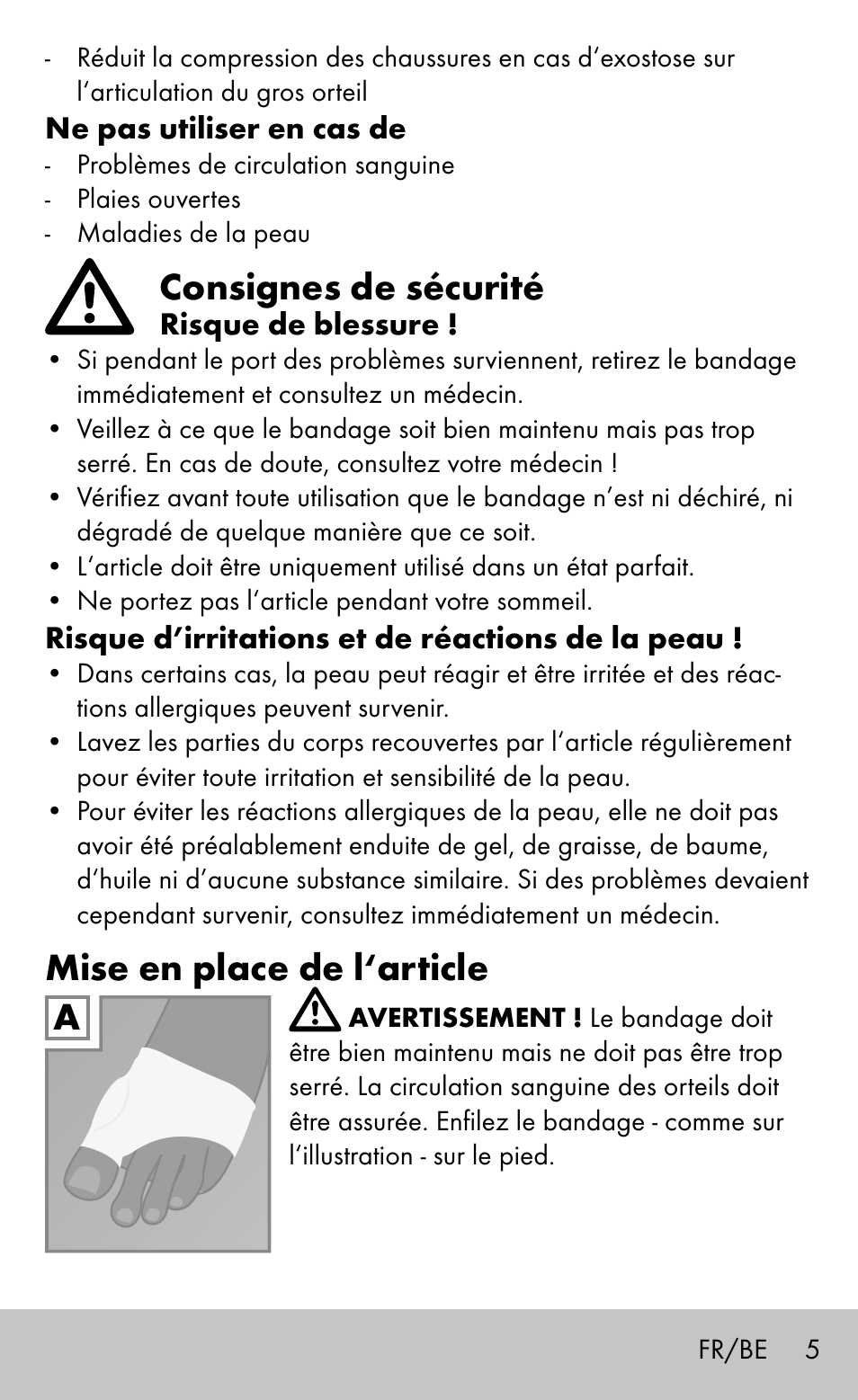 Consignes de sécurité, Mise en place de l‘article | Sensiplast BUNION BRACE User Manual | Page 5 / 16