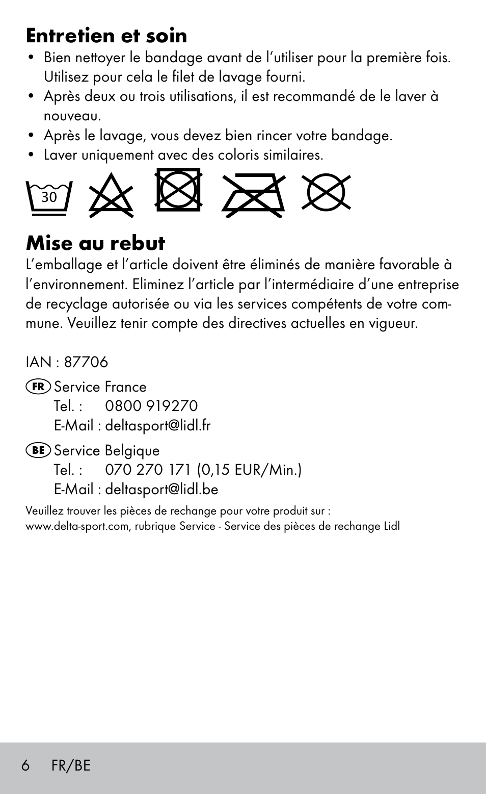 Entretien et soin, Mise au rebut | Sensiplast BUNION BRACE User Manual | Page 6 / 16