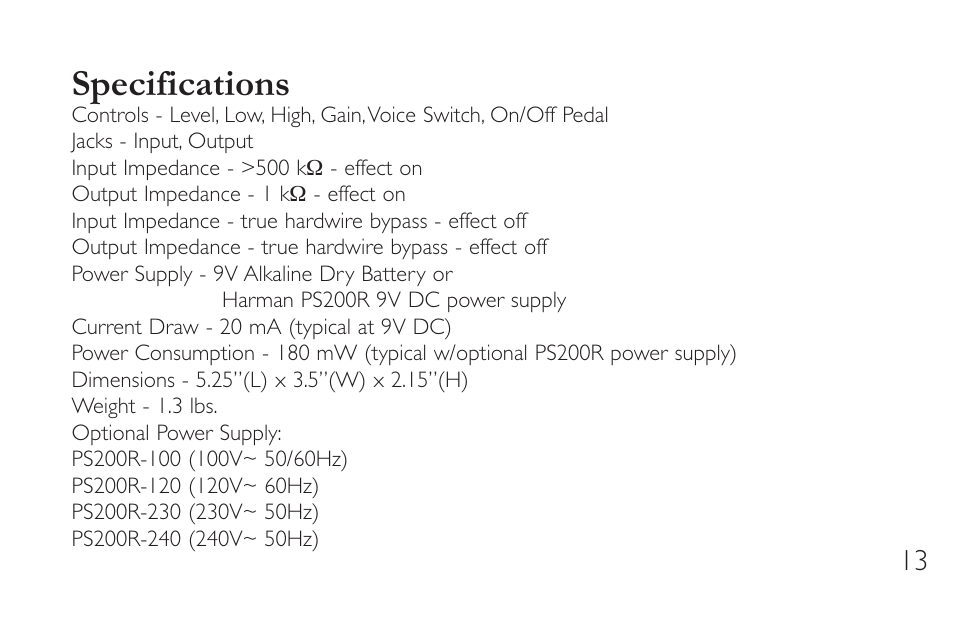 Specifications | DigiTech CM-2 User Manual | Page 17 / 20