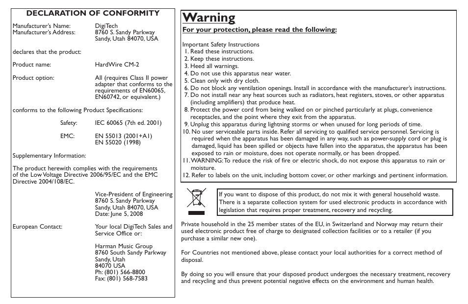 Warning | DigiTech CM-2 User Manual | Page 2 / 20