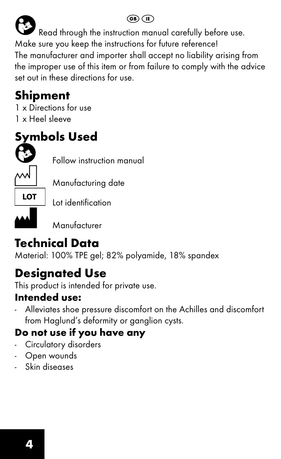 Shipment, Symbols used, Technical data | Designated use | Sensiplast HEEL SLEEVE User Manual | Page 4 / 16