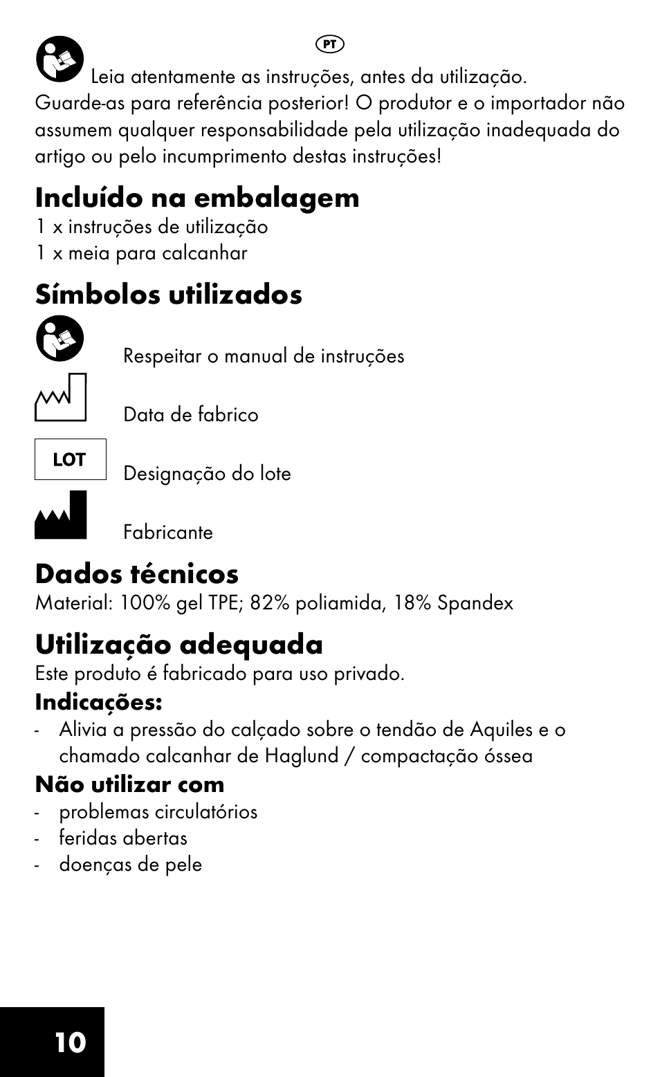 Incluído na embalagem, Símbolos utilizados, Dados técnicos | Utilização adequada | Sensiplast HEEL SLEEVE User Manual | Page 10 / 16