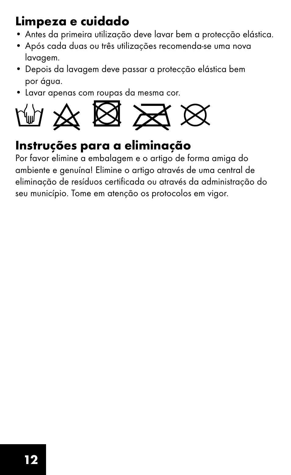 12 limpeza e cuidado, Instruções para a eliminação | Sensiplast HEEL SLEEVE User Manual | Page 12 / 16