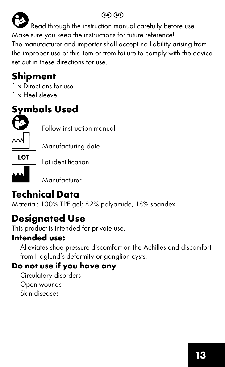 Shipment, Symbols used, Technical data | Designated use | Sensiplast HEEL SLEEVE User Manual | Page 13 / 16