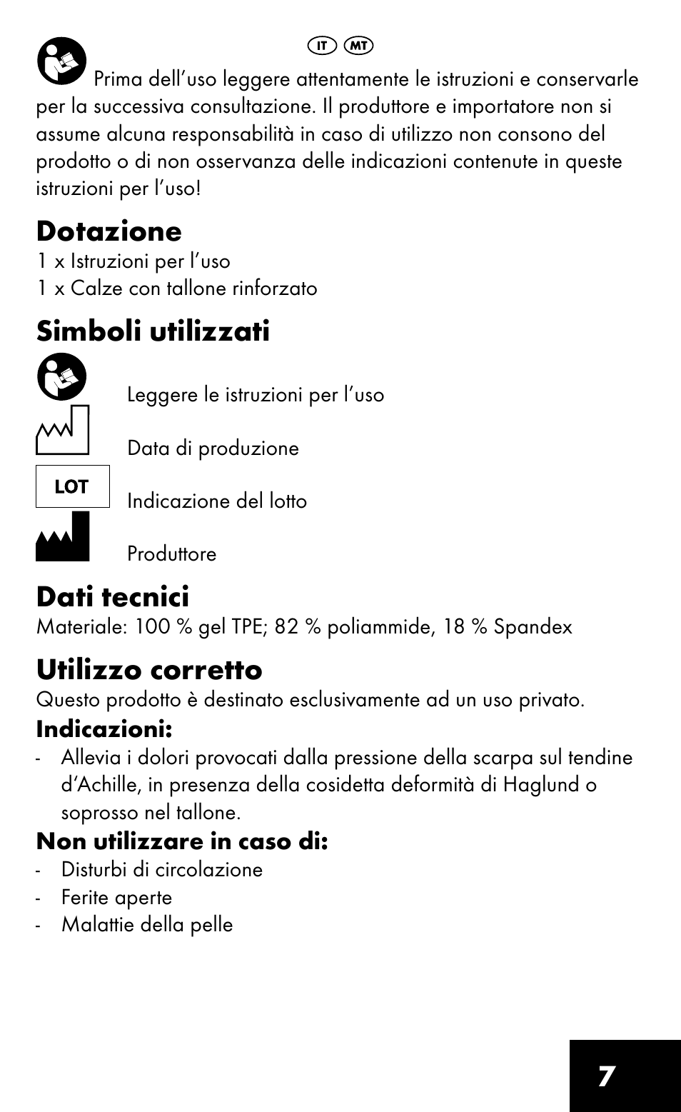 Dotazione, Simboli utilizzati, Dati tecnici | Utilizzo corretto | Sensiplast HEEL SLEEVE User Manual | Page 7 / 16