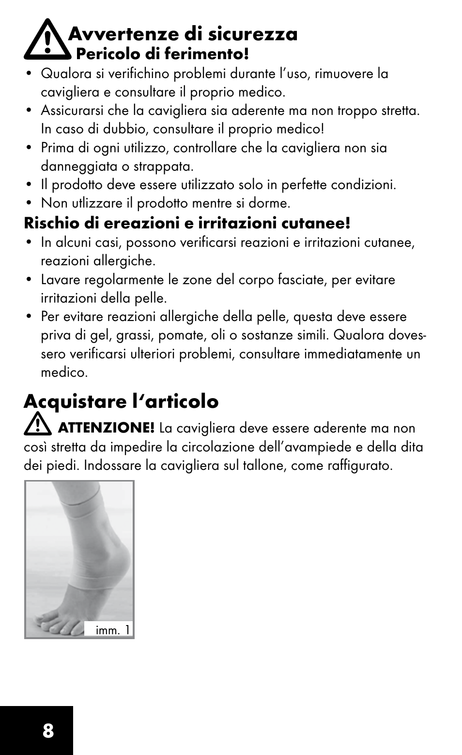 8avvertenze di sicurezza, Acquistare l‘articolo | Sensiplast HEEL SLEEVE User Manual | Page 8 / 16