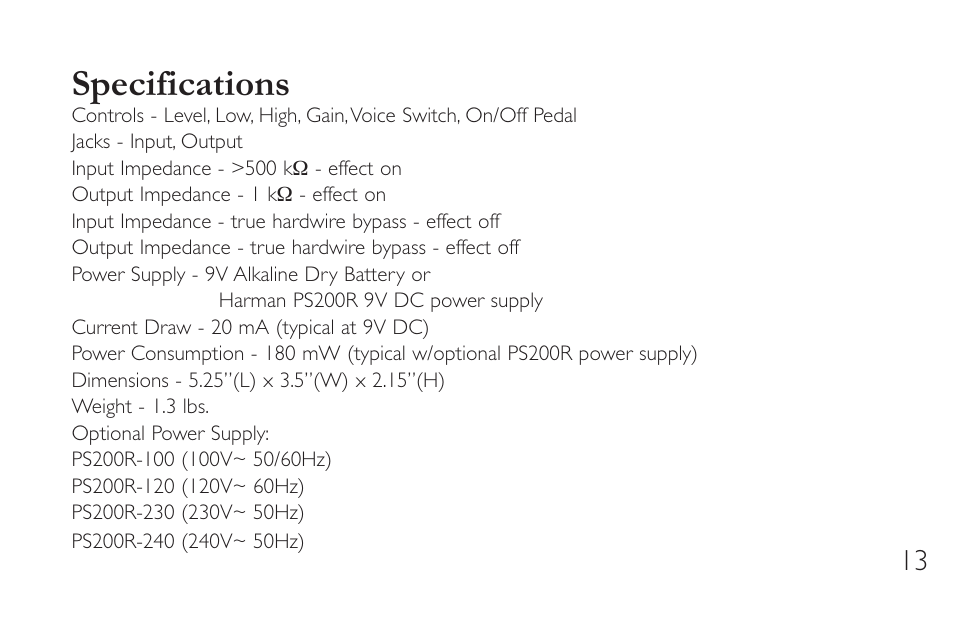 Specifications | DigiTech SC-2 User Manual | Page 17 / 20