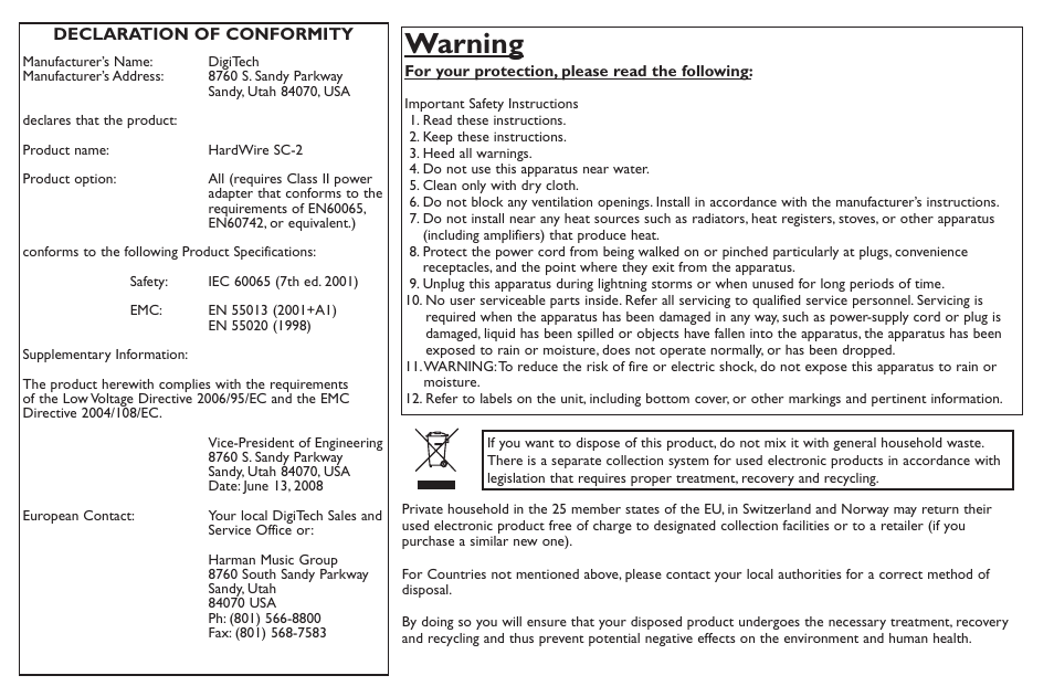 Warning | DigiTech SC-2 User Manual | Page 2 / 20