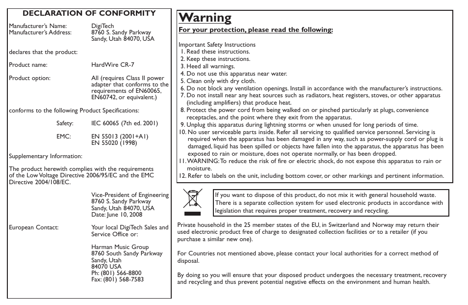 Warning | DigiTech CR-7 User Manual | Page 2 / 20