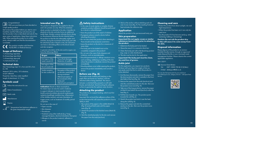 Scope of delivery, Technical data, Symbols used | Intended use (fig. b), Safety instructions, Before use (fig. a), Attaching the product, Application, Cleaning and care, Disposal information | Sensiplast Kinesiology Tape A User Manual | Page 2 / 2