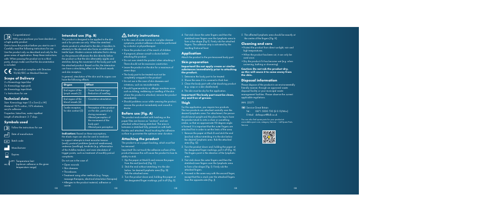 Scope of delivery, Technical data, Symbols used | Intended use (fig. b), Safety instructions, Before use (fig. a), Attaching the product, Application, Cleaning and care, Disposal information | Sensiplast Kinesiology Tape E User Manual | Page 2 / 2