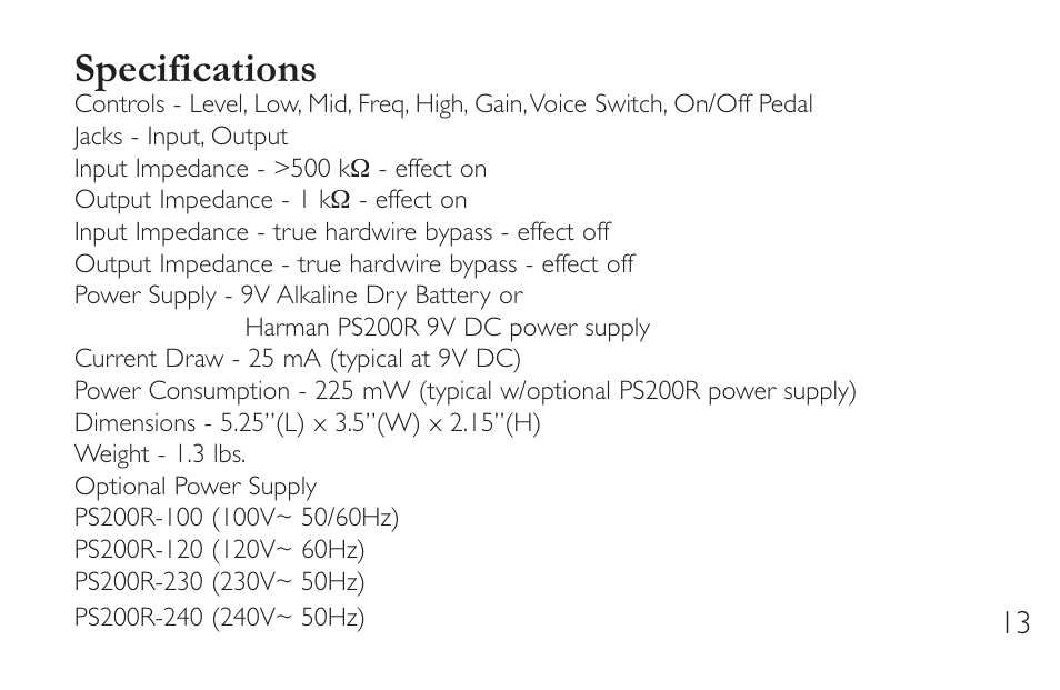 Specifications | DigiTech TL-2 User Manual | Page 17 / 20