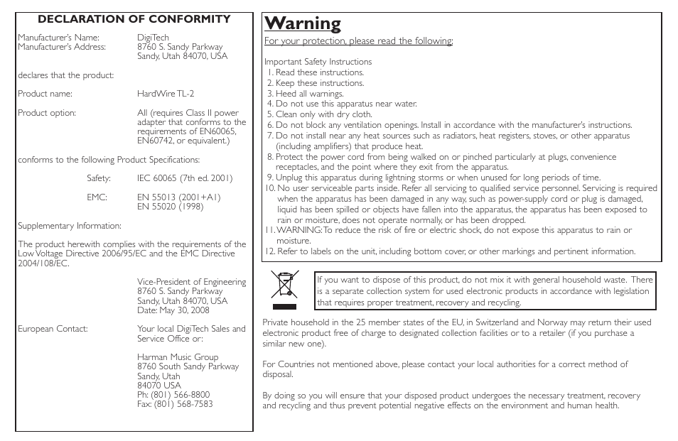 Warning | DigiTech TL-2 User Manual | Page 2 / 20