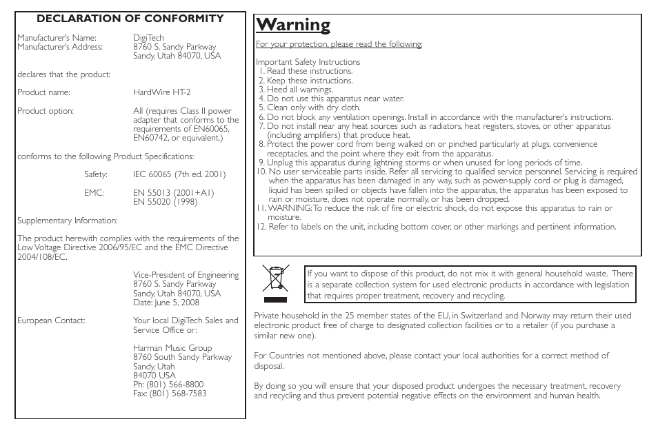 Warning | DigiTech HT-2 User Manual | Page 2 / 24