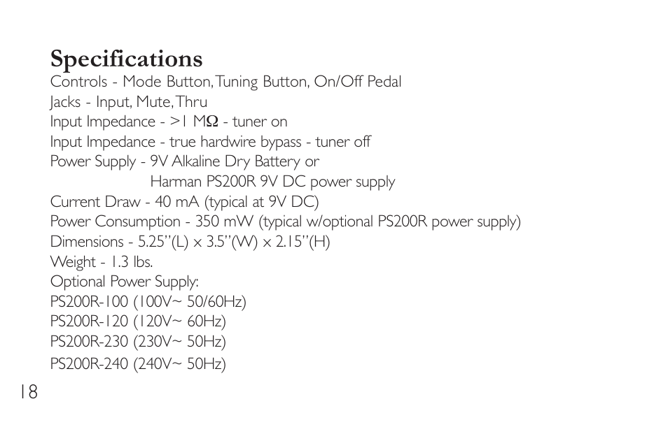 Specifications | DigiTech HT-2 User Manual | Page 22 / 24
